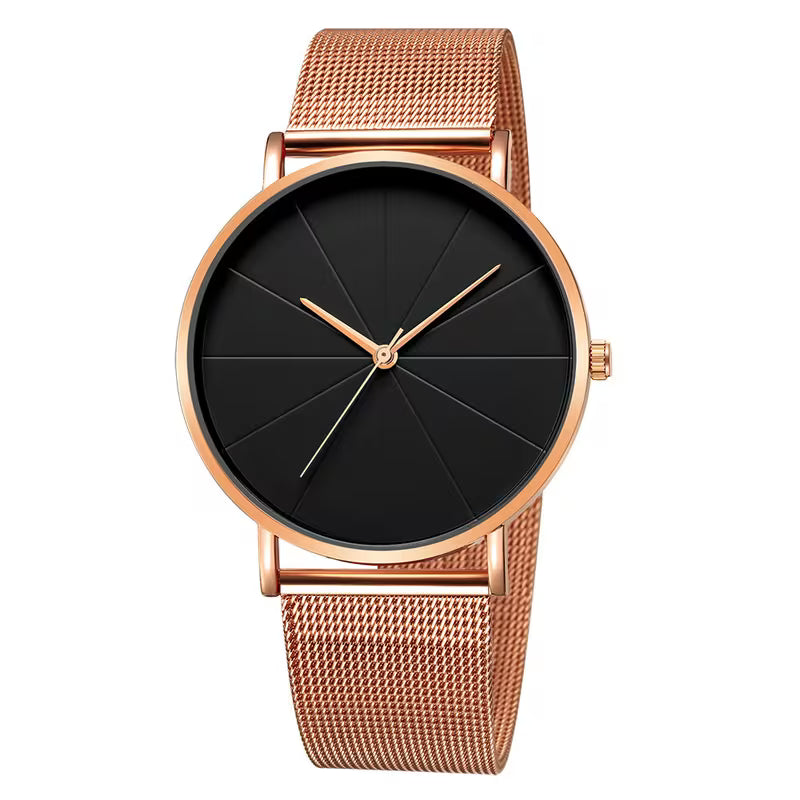 Elegant Minimalist Large Dial Watch with Rose Golden Case and Mesh Strap